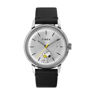 Timex Archive Marlin Automatic x Peanuts Snoopy and Woodstock 40mm Leather Strap (Silber / Schwarz)