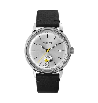 Timex Archive Marlin Automatic x Peanuts Snoopy and Woodstock 40mm Leather Strap (Silber / Schwarz)
