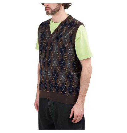 Pop Trading Company Knitted Cardigan Vest (Navy / Braun / Grau)