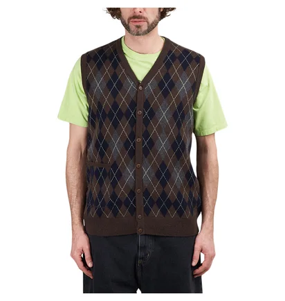 Pop Trading Company Knitted Cardigan Vest (Navy / Braun / Grau)
